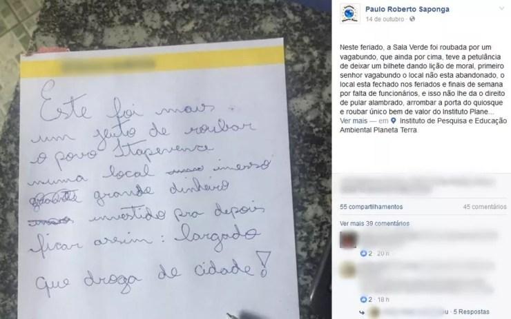 Paulo Saponga, responsável pela ONG, critica bilhete deixado por ladrão  (Foto: Reprodução/Facebook)