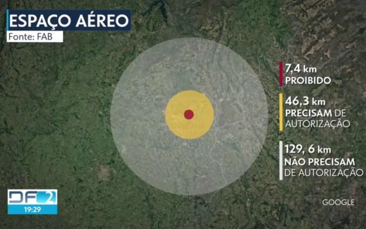 Mapa indica monitoramento do espaço aéreo na posse de Jair Bolsonaro, em Brasília — Foto: TV Globo/Reprodução