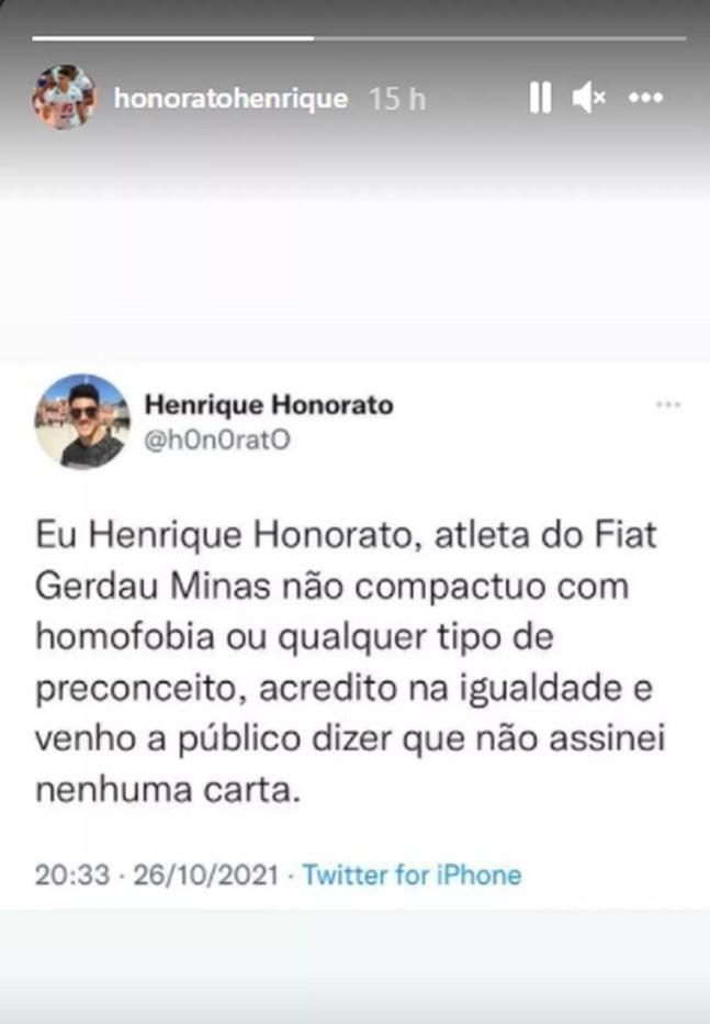 Postagem de Henrique Honorato no Instagram — Foto: Reprodução Instagram Henrique Honorato