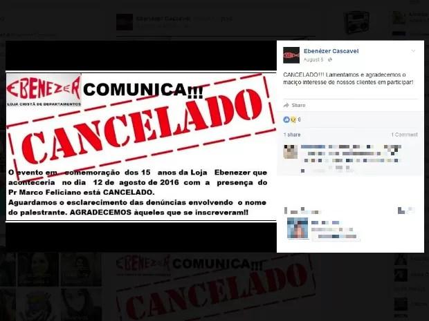 No perfil no Facebook, a loja que vinha organizando o evento com Feliciano comunicou o cancelamento e justificou a decisão (Foto: Reprodução/Facebook)