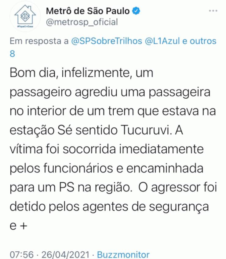 Metrô de São Paulo divulgou em seu Twitter oficial que um homem agrediu uma passageira dentro do vagão — Foto: Reprodução/Metrô de São Paulo