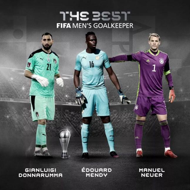 Finalistas para o prêmio de melhor goleiro do ano do Fifa The Best: Donnarumma, Mendy e Neuer — Foto: Reprodução/Fifa