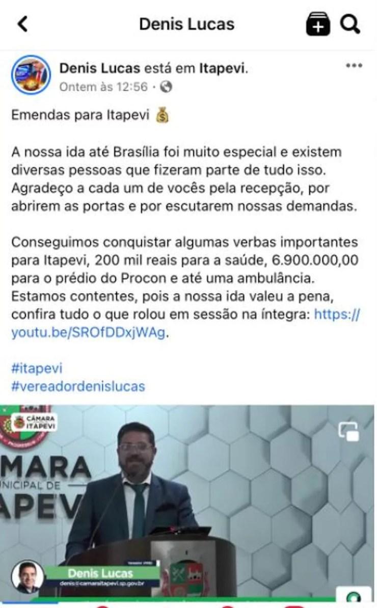 Denis Lucas havia ido a Brasília recentemente para tratar de assuntos políticos relacionados a Itapevi. Informação foi postada nas redes sociais do vereador — Foto: Reprodução/Facebook