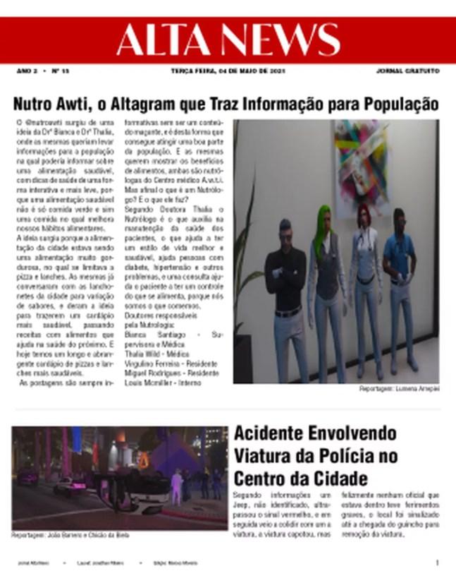 Exemplar do jornal Alta News, do servidor Cidade Alta, do dia 4 de maio (GTA RP) — Foto: Divulgação / Cidade Alta