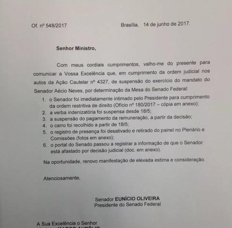 Ofício do presidente do Senado, Eunício Oliveira, enviado ao ministro Marco Aurélio Mello, sobre a situação do senador Aécio Neves (Foto: Reprodução/Senado)