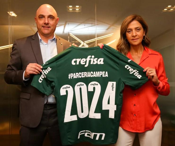 Maurício Galiotte e Leila Pereira anunciam renovação entre Palmeiras e Crefisa — Foto: Fabio Menotti/Agência Palmeiras