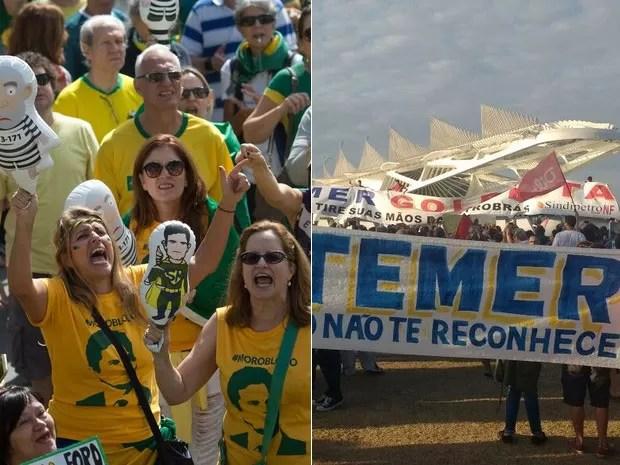 Rio de Janeiro teve protestos contra Dilma e contra Temer neste domingo (Foto: Silvia Izquierdo/AP e G1)