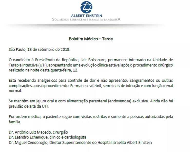 Boletim médico de Jair Bolsonaro divulgado no início da noite desta quinta-feira (13) — Foto: Reprodução