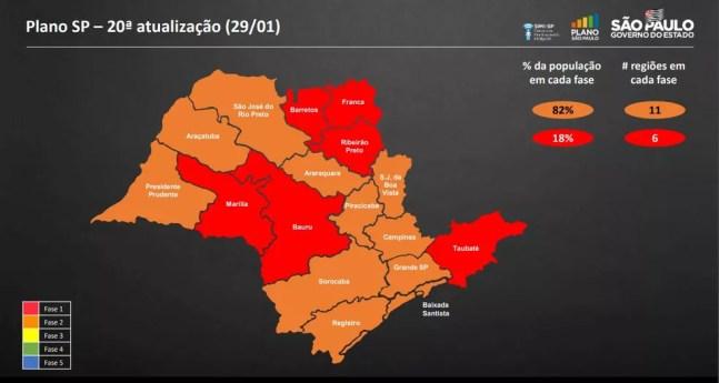Mapa com nova reclassificação do estado no Plano SP nesta sexta-feira (29). — Foto: Divulgação/Governo de SP