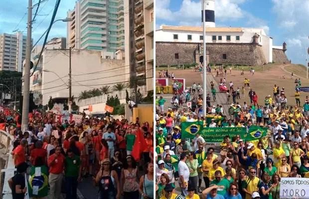Salvador teve protestos contra Dilma e contra Temer neste domingo (Foto: Juliana Almirante/G1 e Alan Alves/G1)