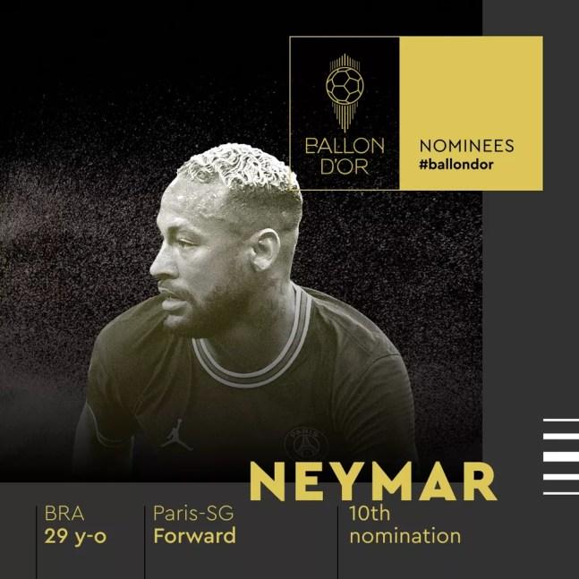 Neymar é finalista da Bola de Ouro 2021 — Foto: Reprodução