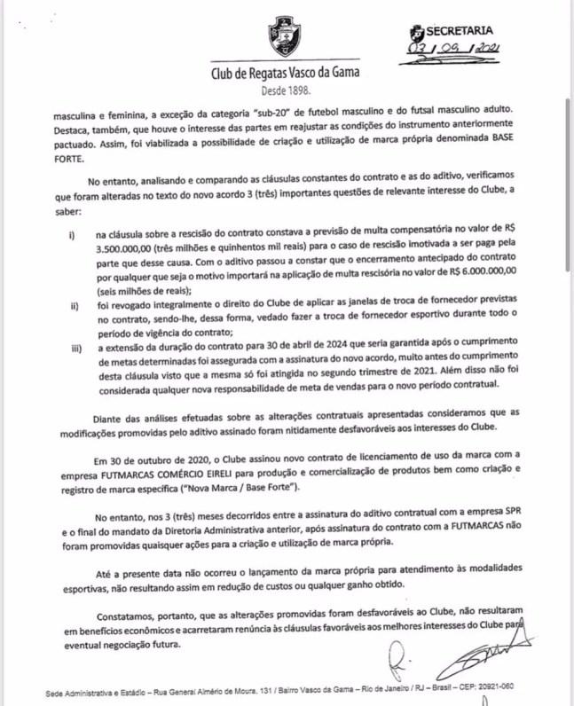 Relatório do Conselho Fiscal sugere reprovação das contas de 2020 do Vasco — Foto: Reprodução
