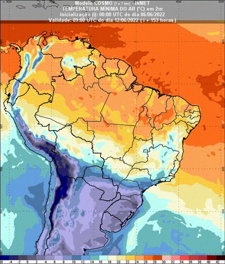 Previsão de temperatura mínima para o dia 12 de junho de 2022 às 6h (horário de Brasília). — Foto: Inmet