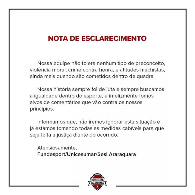 Nota oficial do time de Araquara sobre o caso de assédio no Brasileiro de handebol — Foto: Divulgação