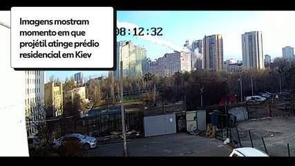 Imagens mostram momento em que projétil atinge prédio residencial em Kiev
