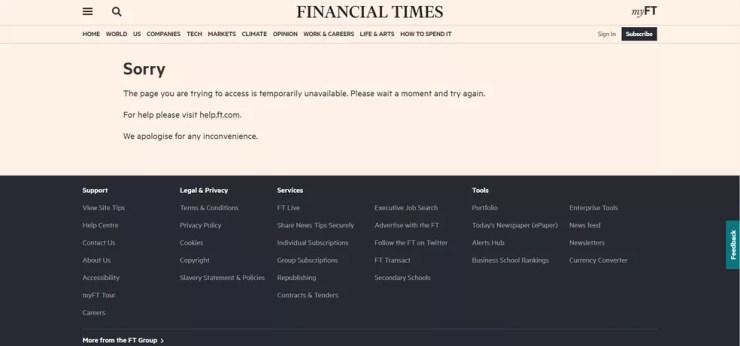 Site do jornal britânico "Financial Times" fora do ar na manhã de 8 de junho de 2021 — Foto: Reprodução/ft.com
