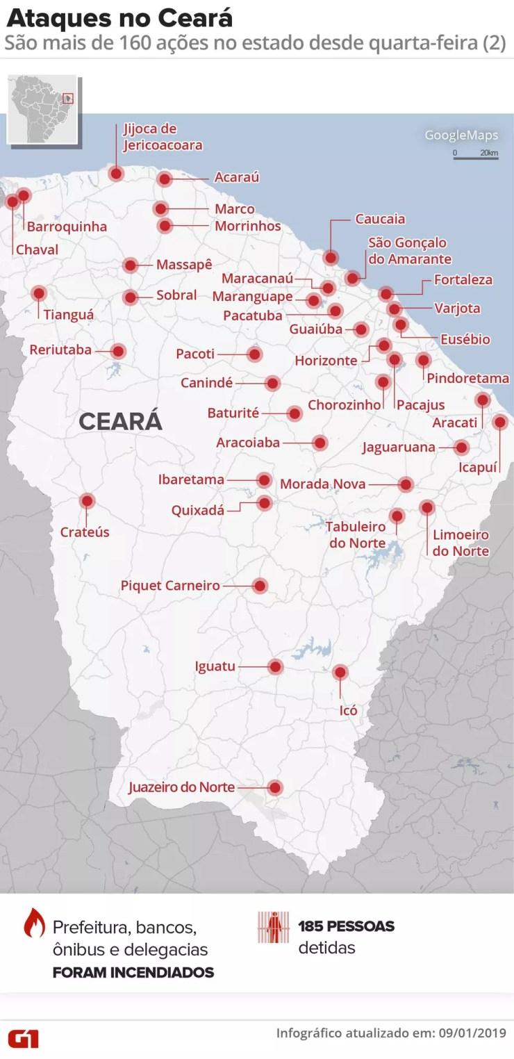 Ceará registra série de ataques criminosos — Foto: Infográfico: Juliane Monteiro/G1