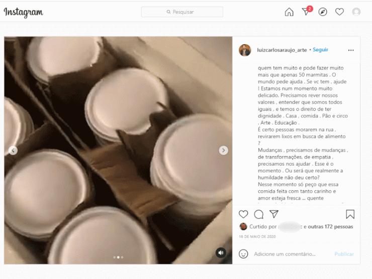Luiz Carlos Araújo chegou a postar fotos de vídeos das marmitas que fez para distribuir a moradores de rua em São Paulo. A ideia dela era incentivar outras pessoas a fazerem o mesmo — Foto: Reprodução/Arquivo pessoal