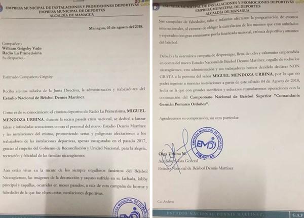 Carta declara jornalista Miguel Mendoza persona non grata em estádio (Foto: Arquivo pessoal)
