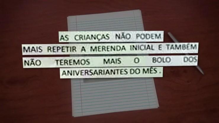 Bilhete enviado aos pais notifica a restrição alimentar (Foto: Reprodução/TV Globo)