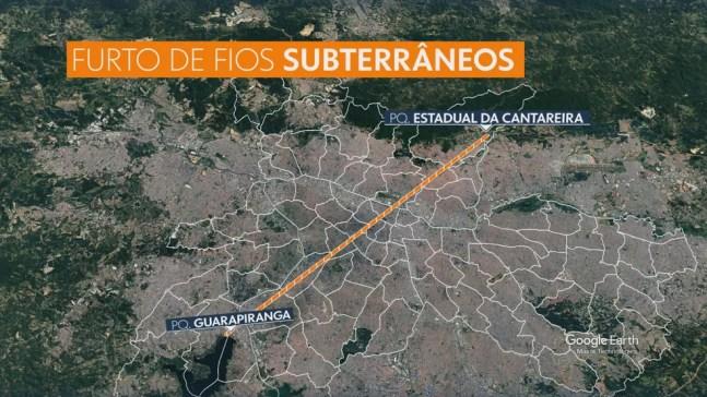 Trajeto ilustra quantidade de fiação subterrânea furtada na capital paulista em 2021 — Foto: Reprodução/TV Globo