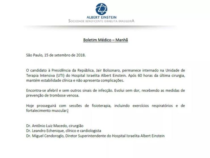 Boletim médico deste sábado (15) informa que Bolsonaro não apresenta sinais de infecção — Foto: Reprodução/Divulgação/Hospital Albert Einstein