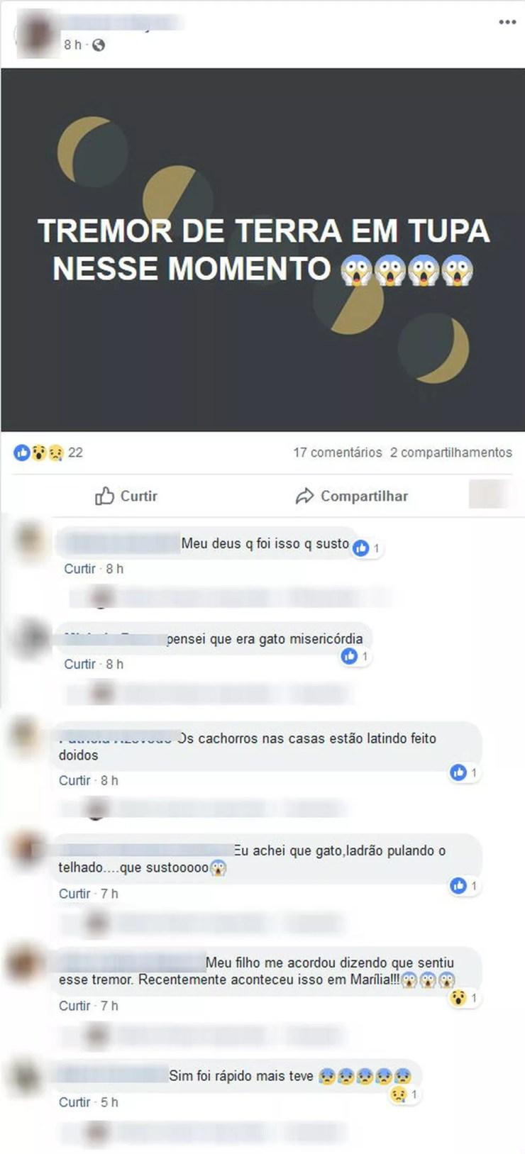 Moradores de Tupã ficaram assustados e compartilharam mensagens nas redes sociais  (Foto: Facebook / Reprodução )