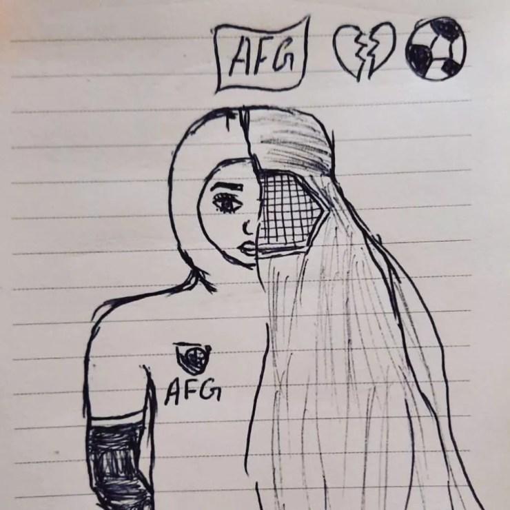 Desenho de uma jogadora da seleção recebido por Khalida Popal — Foto: Arquivo Pessoal / Reprodução