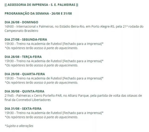Programação de cobertura da imprensa no site do clube (Foto: Reprodução/Site do Palmeiras)