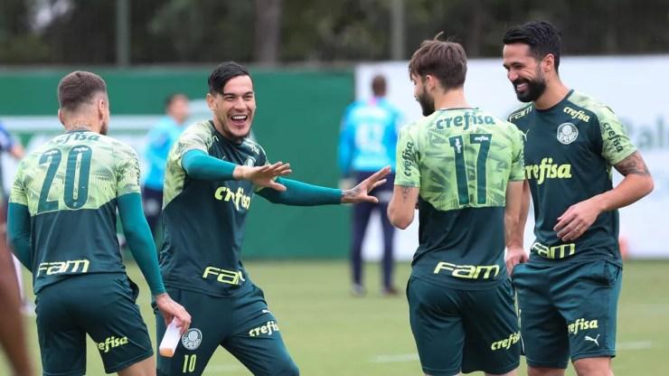 Gustavo Gómez, Viña e Luan: defesa palmeirense tem se destacado na temporada — Foto: Cesar Greco/Ag. Palmeiras