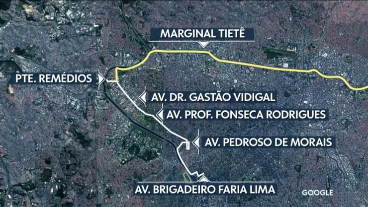 Caminho alternativo com a interdição da via expressa da Marginal Pinheiros  — Foto: Reprodução/TV Globo