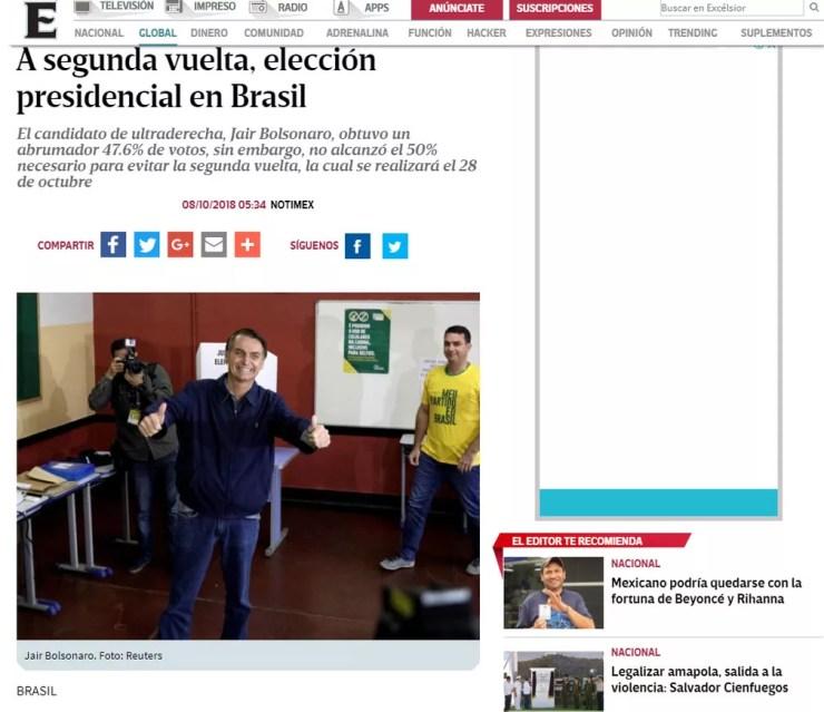 Jornal mexicano 'Excelcior' noticia resultado das eleições no Brasil — Foto: Reprodução/Excelsior