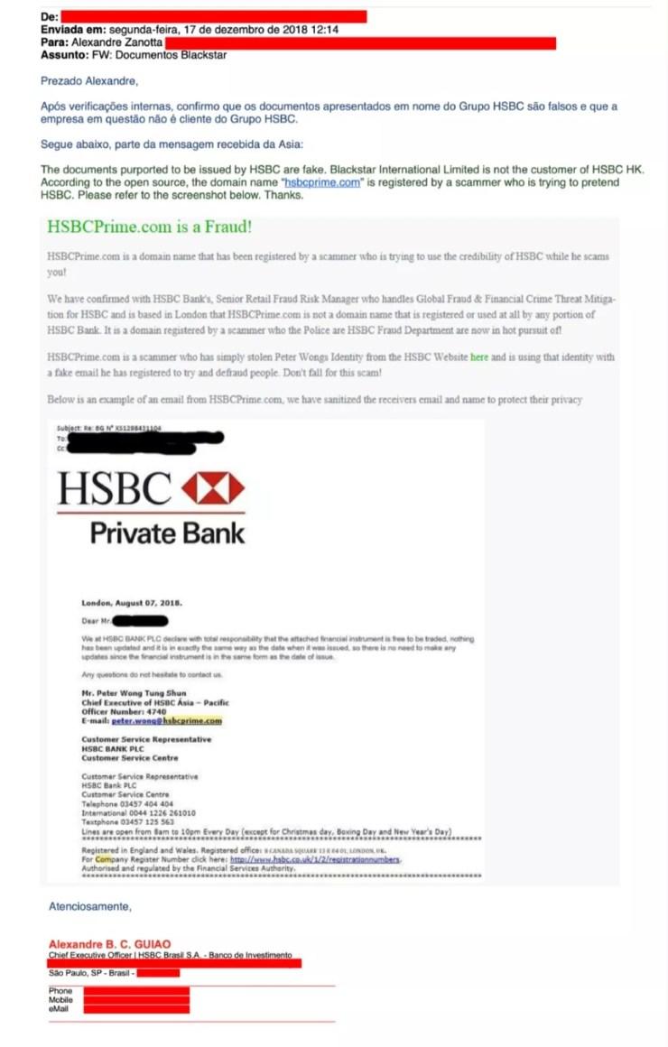 Reprodução do e-mail enviado pelo HSBC ao diretor jurídico do Palmeiras, informando que a garantia bancária apresentada pela Blackstar é falsa — Foto: Reprodução
