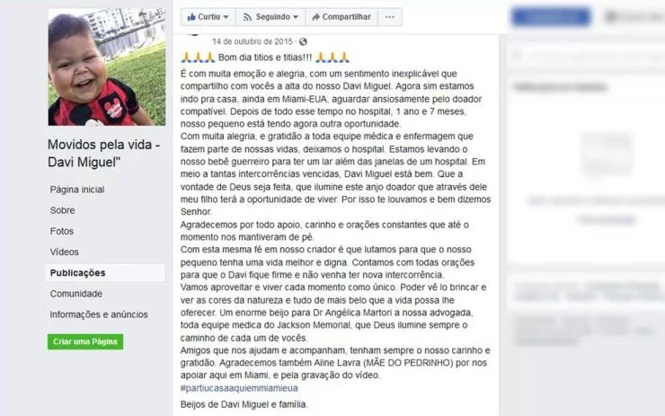 Post feito pela família em rede social afirma que Davi Miguel deixou fila de transplante nos EUA — Foto: Reprodução/Facebook