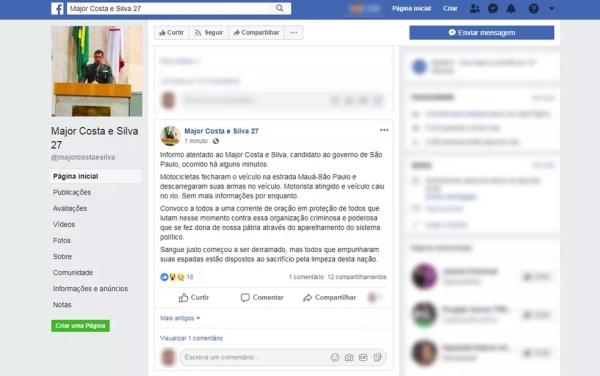Post em perfil do candidato Major Costa e Silva nno Facebookl na noite desta quarta-feira (3) — Foto: Reprodução/TV Globo