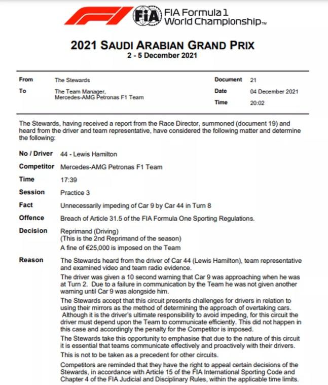 Mercedes foi multada por não avisar Lewis Hamilton da aproximação de Nikita Mazepin no treino do GP da Arábia Saudita da F1 — Foto: FIA