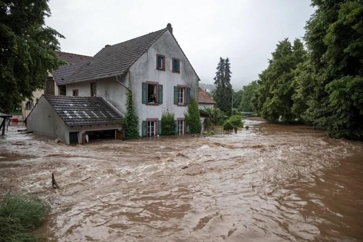 Casas submersas pelas águas de rio que transbordou em Erdorf, na Alemanha — Foto: Harald Tittel/DPA via AP
