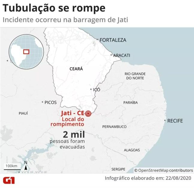 Infográfico mostra o local de rompimento da tubulação no Ceará — Foto: Guilherme Luiz/ Arte G1