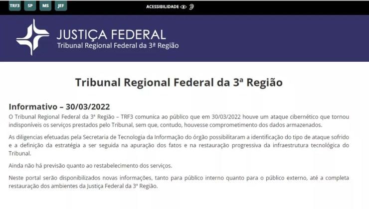 Comunicado na página do TRF-3, em São Paulo, sobre ataque hacker desta quarta-feira, 30 de março. — Foto: Reprodução