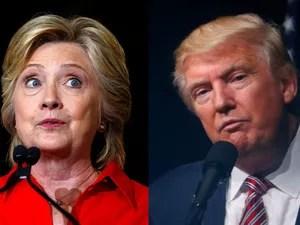 Hillary Clinton em Johnstown, Pensilvânia, no dia 30 de julho, e Donald Trump em Ashburn, Virginia, em 2 de agosto