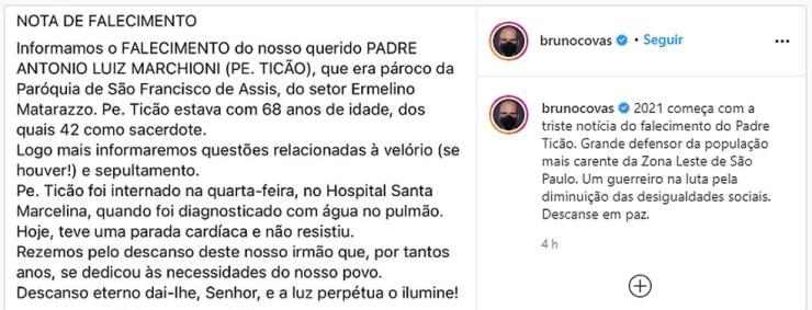 Prefeito de São Paulo lamentou a morte do Padre Ticão — Foto: Reprodução/Instagram/@brunocovas