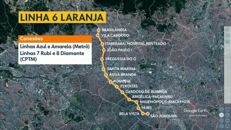 Trajeto da futura Linha 6 - Laranja — Foto: Reprodução/TV Globo
