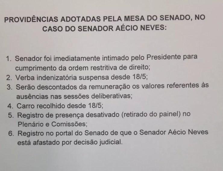 Em nota de esclarecimento, Senado esclarece que salário de Aécio Neves será mantido, mas terá desconto (Foto: Reprodução/Senado)