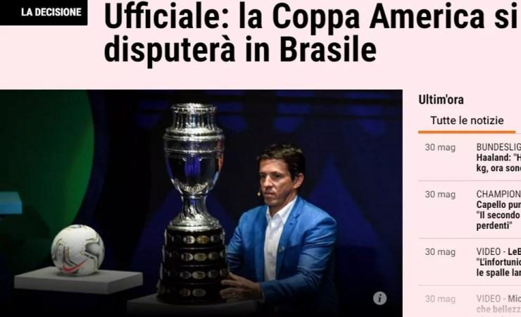 La Gazzetta Dello Sport publica notícia do Brasil como sede da Copa América — Foto: Reprodução