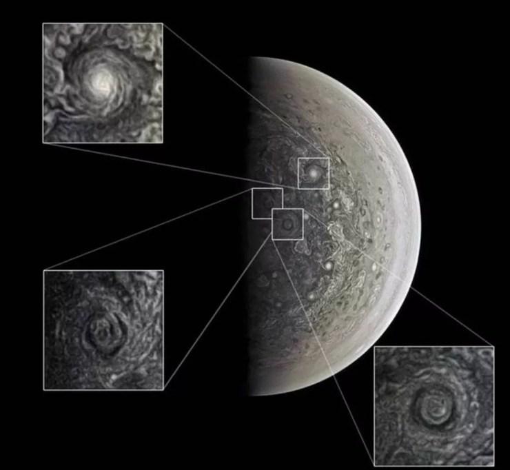 JunoCam registrou ciclones gigantes nos polos — Foto: NASA/SWRI/ROMAN TKACHENKO