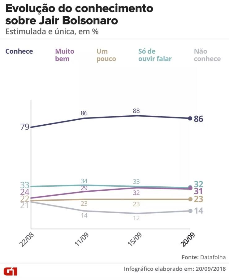 Pesquisa Datafolha 20/09: Evolução de conhecimento sobre Jair Bolsonaro — Foto: Igor Estrella/G1
