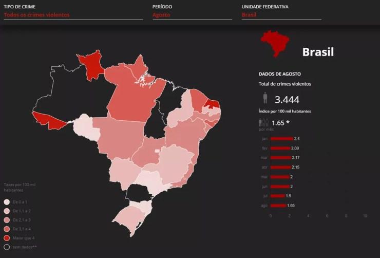Mapa mostra as mortes em agosto no Brasil — Foto:  G1