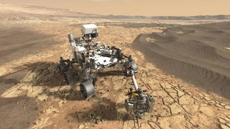 O veículo explorador da missão Marte 2020 terá 23 câmeras, será equipado com uma broca e será capaz de selecionar e guardar amostras do solo — Foto: Nasa/BBC