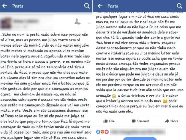Em postagem no Facebook, adolescente confirma que namorado e amigo agrediram Itaberli Lozano (Foto: Reprodução/Facebook)