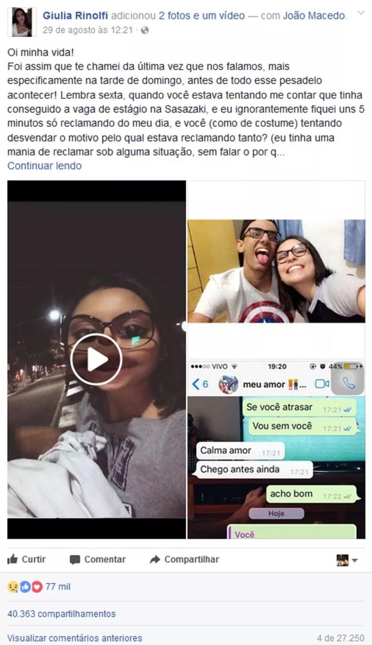 Post de jovem no Facebook após morte do namorado emocionou internautas (Foto: Reprodução/Facebook)